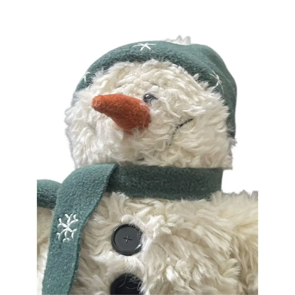 Vintage Gund Kids White Green Fuzzy Snowman With Scarf & Hat Plush Toy OS
